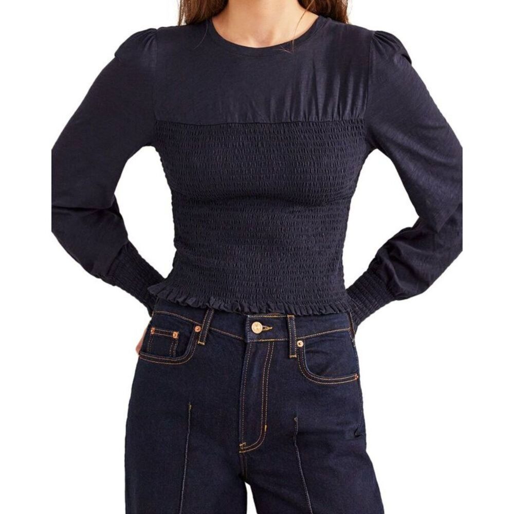 Boden Black Long Sleeve Ruched Bodice Smocked Top US6 UK10